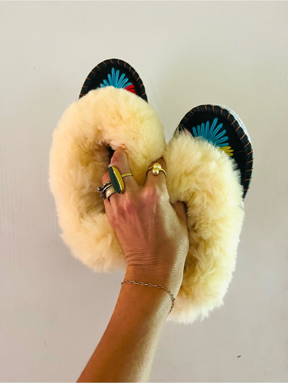 Handmade Shearling Leather Slippers EU 36 Embroidered Folk Boho Après Ski